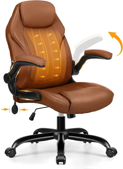 Office Desk Chair, Ergonomic Computer Chair with Padded Flip-Up Arms and Adjustable Lumbar Support, PU Leather Executive Chair with Tilt Lock and 360° Swivel Rolling Wheels for Work, Study