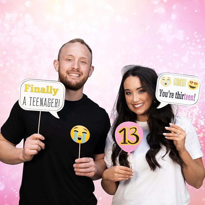 13th Birthday Photo Booth Props - 41-pc Photo Prop Kit with 8 x 10-Inch Sign, 60 Adhesive Pads, 45 Sticks - Teen Girl Photo Booth Props - Party Supplies 13th Birthday