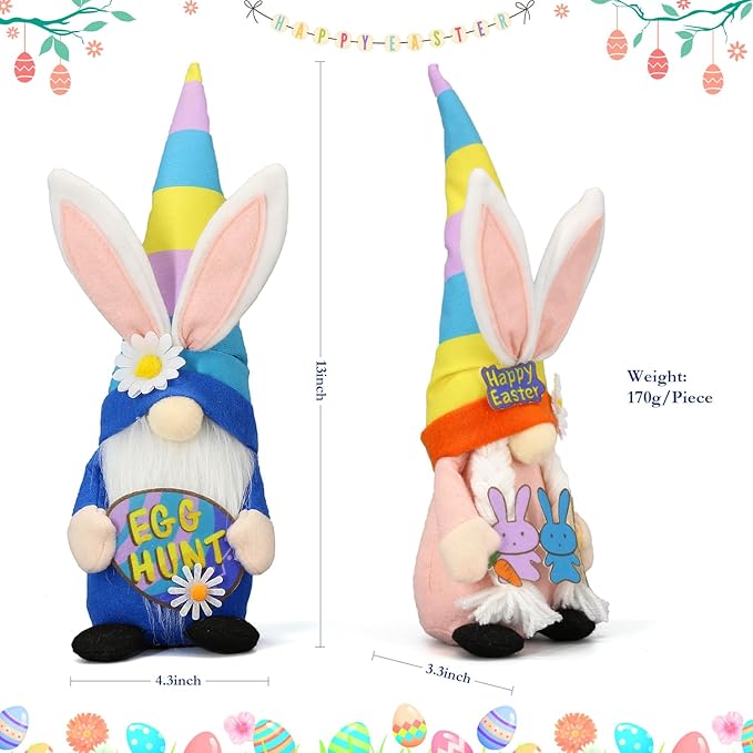 Lovinland Easter Decorations - Bunny Gnomes Decor for Home, Indoor, Tiered Tray, Office, Desk - Spring Rabbit Stuffed Centerpiece Table
