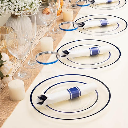 700PCS Clear Blue Disposable Plastic Dinnerware Set for 100 Guests, 200 Plastic Plates, 100 Cups, 100 Pre-Rolled Napkins with Cutlery for Party, Birthday, Christmas, Wedding, Thanksgiving, Halloween