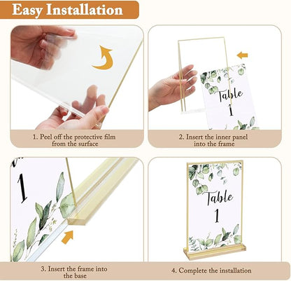 Floroom 6 Pack 5x7 Inch Clear Acrylic Sign Holders, Double-Sided Gold Display Stand Picture Frames for Table Numbers, Menus, Flyers, Weddings, and Offices