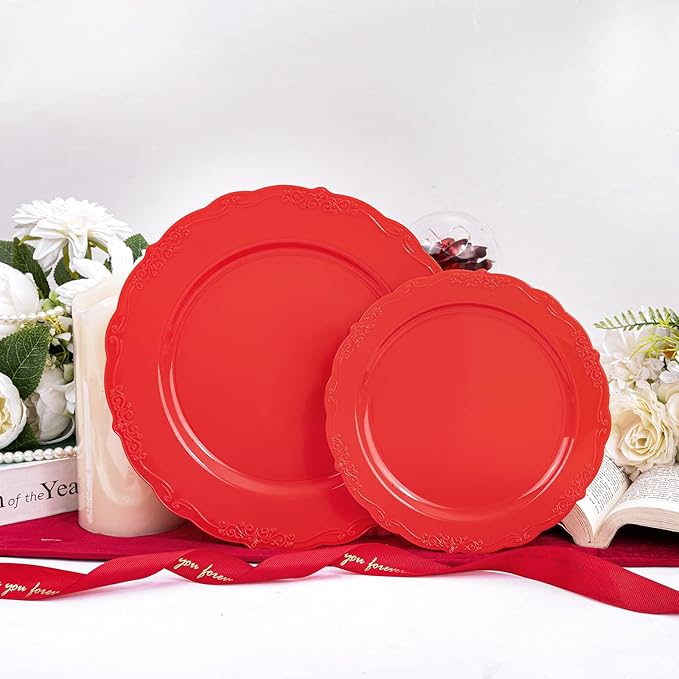U-QE 100PCS Red Plastic Plates - Heavy Duty Plastic Disposable Party Supplies Include 50PCS 10" Dinner Plates and 50PCS 7.5" Dessert/Salad Plates for Party, Wedding