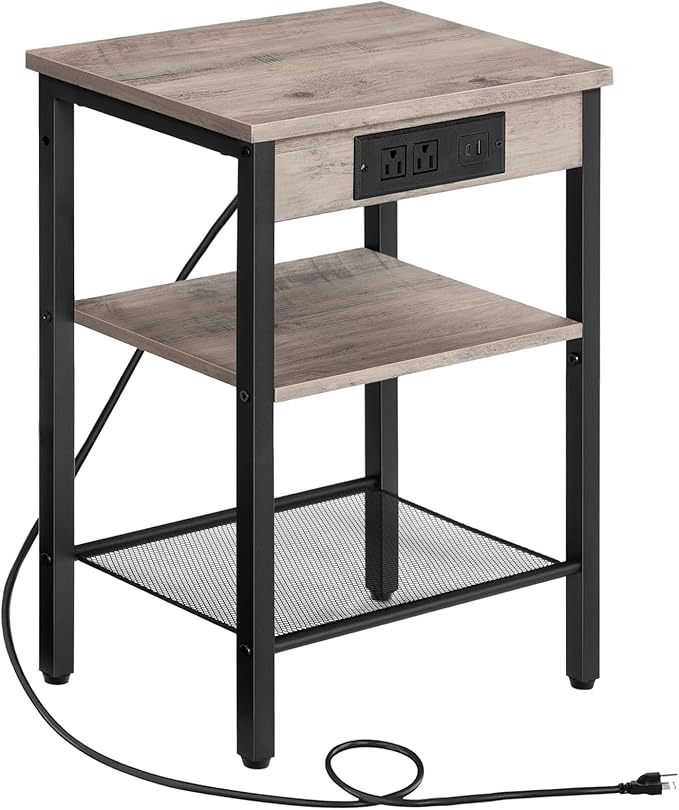 HOOBRO Side Table with Charging Station and USB Port, Small End Table for Small Space, 3-Tier Nightstand with Adjustable Shelf, for Living Room, Bedroom and Balcony, Greige BG112BZ01