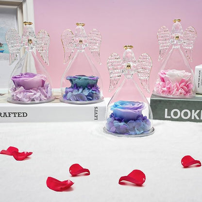 Miofula Preserved Flower Rose Birthday Gifts for Mom, Glass Angels Figurines with Forever Real Rose Gifts for Women Mom Grandma, Angels Gifts for Valentines Day Christmas Anniversary