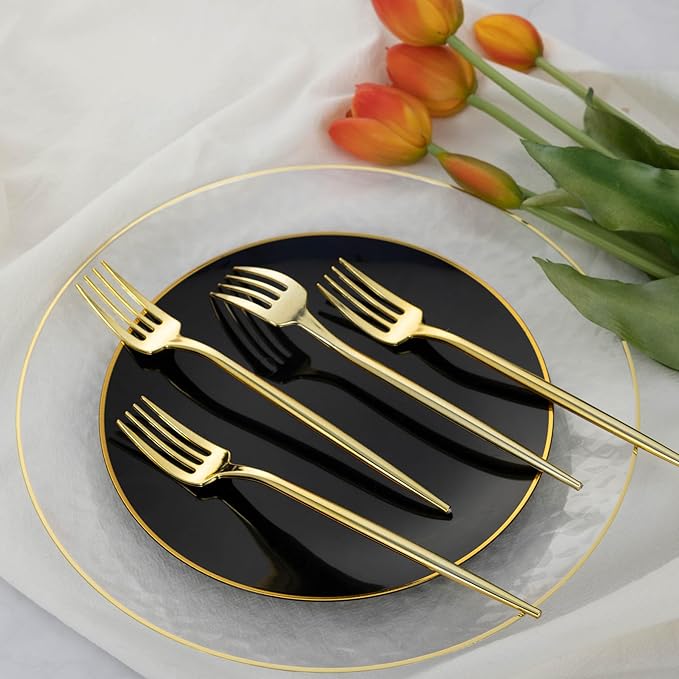 100 PCS Gold Plastic Forks, Heavy Duty Disposable Gold Forks, Gold Silverware Plastic Utensils for Party, Birthday, Wedding