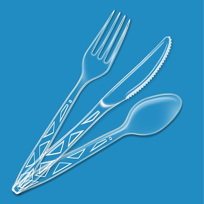 Amazon Basics Disposable Clear Plastic Cutlery, Premium Quality, 48 Count, Combo Pack: 16 Forks, 16 Spoons and 16 Knives