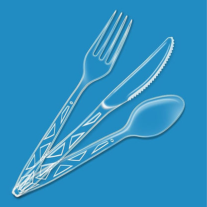 Amazon Basics Disposable Clear Plastic Cutlery, Premium Quality, 48 Count, Combo Pack: 16 Forks, 16 Spoons and 16 Knives