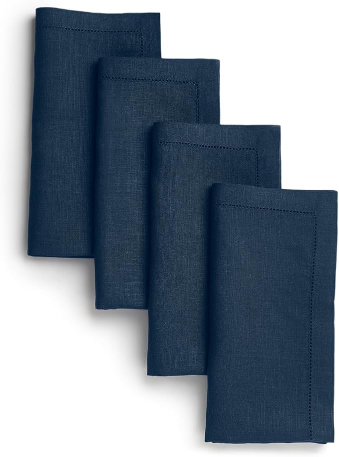 D'Moksha Homes Navy Blue Linen Napkins Set of 4 - Classic Hemstitch 100% Pure Linen Hemstitch Dinner Napkins 20 x 20 Inch for Winter, Christmas, Holiday - Handcrafted and Machine Washable