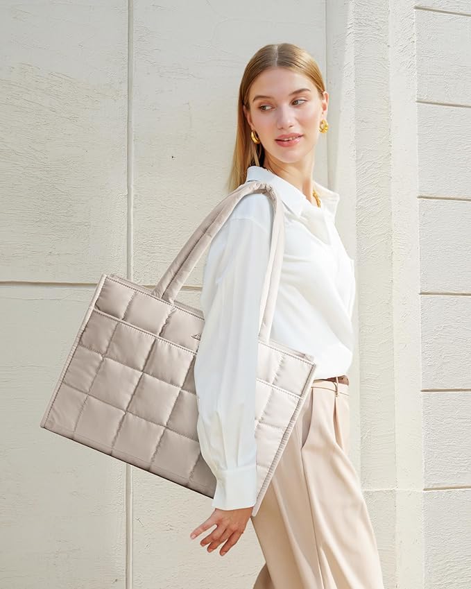 LOVEVOOK Tote Bag for Women, Puffer Work Handbag 15.6 Inch Laptop Purse for Nurse Teacher, Large Quilted Travel Tote Shoulder Bag with Zipper for College Office Clinical Gym, Off white