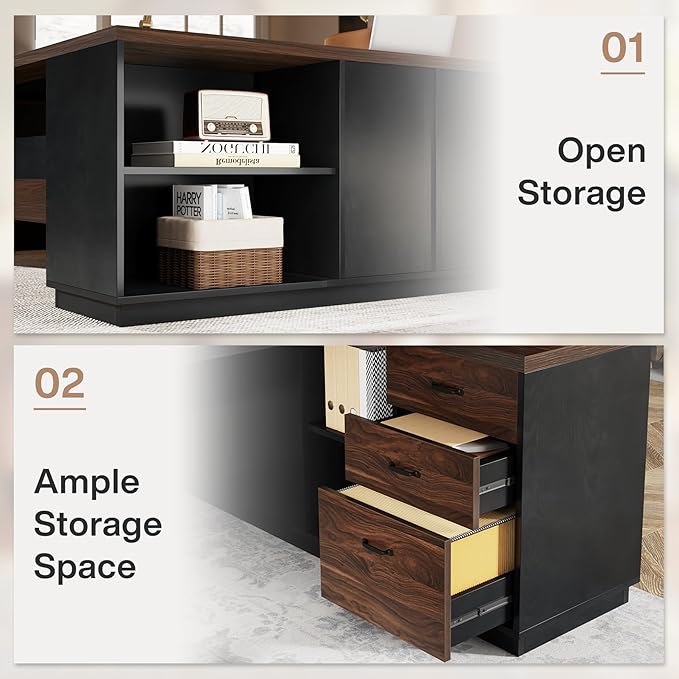 Tribesigns 78" L-Shaped Executive Desk, Large Office Desk with Drawers and File Cabinet, Modern Business Furniture for Home Office (Walnut & Black)