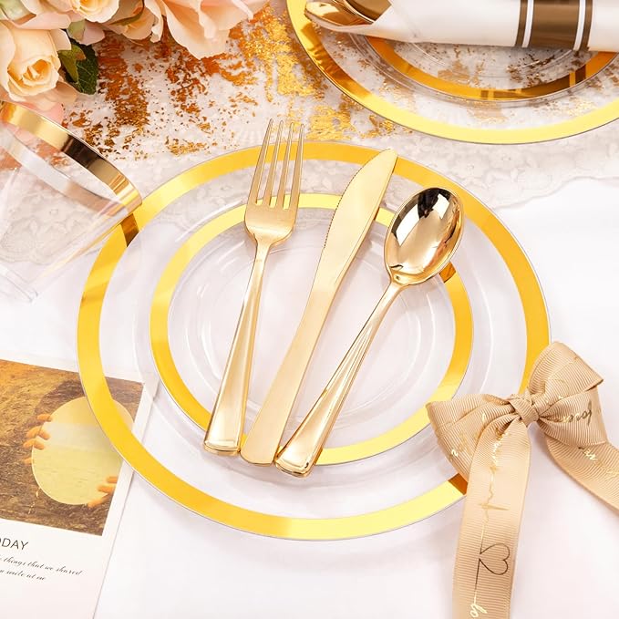 Liacere 350PCS Clear Gold Plastic Plates for 50 Guests Dinnerware Include 100 disposable Plates 150 Gold Silverware 50Napkins for Party & Wedding & New Year & Christmas