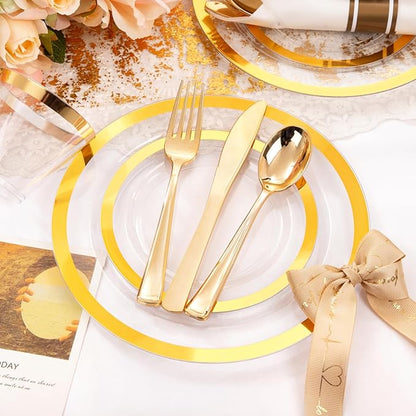 Liacere 350PCS Clear Gold Plastic Plates for 50 Guests Dinnerware Include 100 disposable Plates 150 Gold Silverware 50Napkins for Party & Wedding & New Year & Christmas