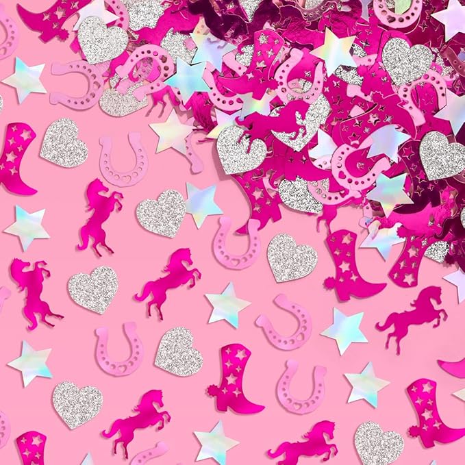 xo, Fetti Pink Pony Club Confetti - 200 pcs | Cowgirl Tablescape, Silver Glitter Bachelorette, Western Table Decor, Birthday Decorations, Cute Party Supplies