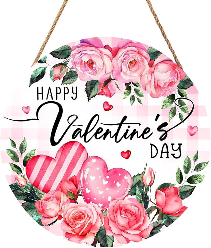 Happy Valentine's Day Rose Flower Front Door Sign Valentines Flower Wooden Door Hanging Sign 12x12 Inch Valentines Day Decorations Outdoor Outside Porch for Anniversary Wedding Farmhouse Holiday