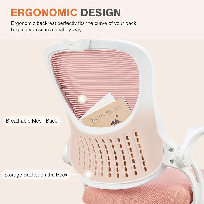 Sweetcrispy Office Computer Desk Chair, Ergonomic High-Back Mesh Rolling Work Chairs with Wheels and Adjustable Headrests, Comfortable Lumbar Support, Comfy Flip-up Arms for Home, Bedroom, Study, Pink