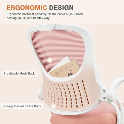 Sweetcrispy Office Computer Desk Chair, Ergonomic High-Back Mesh Rolling Work Chairs with Wheels and Adjustable Headrests, Comfortable Lumbar Support, Comfy Flip-up Arms for Home, Bedroom, Study, Pink