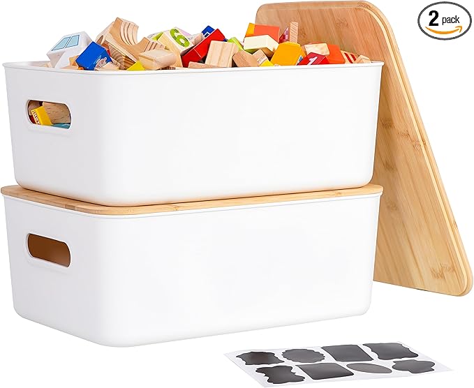 Citylife Storage Bins with Bamboo Lids 13QT Plastic Storage Containers Stackable Organizer Boxes with Handle for Desk Snacks, Toys, 2 PCS, 14" L x 10.6" W x 6.18" H