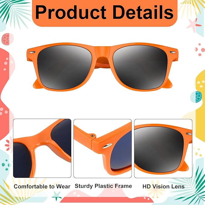 NEBURORA 12 Pack Orange Neon Sunglasses Bulk Retro Colorful Party Glasses for Adult Men Women Birthday Wedding Summer Beach Pool Party Supplies