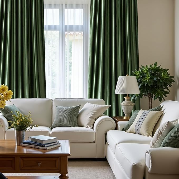 PRIMROSE Emerald Olive Green Velvet Curtains 84 inch Long for Living Room,Set of 2 Panels Blackout Rod Pocket Back Tab Window Treatment Room Darkening Heavy Decorative Curtains Drapes for Bedroom