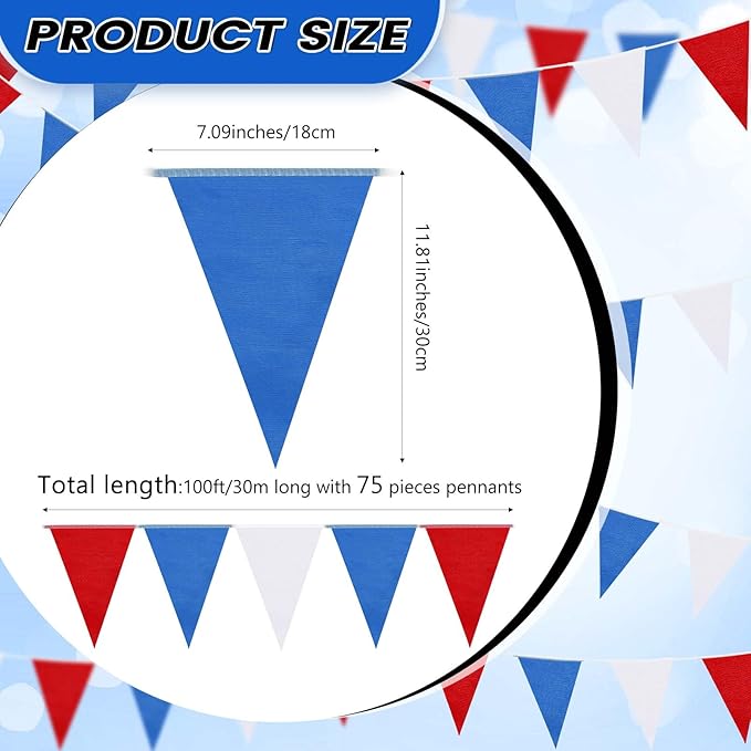 100 Feet Pennant Banners Flags 75 Solid String Triangle Flags for Grand Opening, Carnival Theme Birthday Party Decoration Outdoor Events Classroom Decoration(Red White Blue)