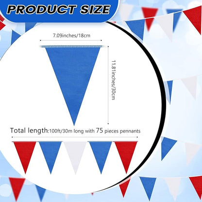 100 Feet Pennant Banners Flags 75 Solid String Triangle Flags for Grand Opening, Carnival Theme Birthday Party Decoration Outdoor Events Classroom Decoration(Red White Blue)
