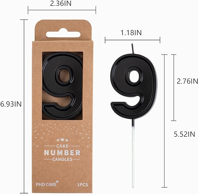 PHD Luxe Black 2.76 Inch 9 Number Birthday Candles, Black Cake Candles for Party Celebration