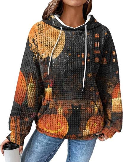 Halloween Sweatshirts for Women Novelty Graphic Drawstring Waffle Hoodies Loose Casual Pullover Tops with Pocket