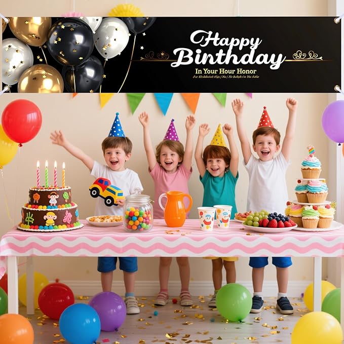 Nuxovilar Happy Birthday Banner Decorations 17.72x78.74 Inch Black Gold Balloon Theme - Polyester for Indoor Outdoor Birthday Party Decor