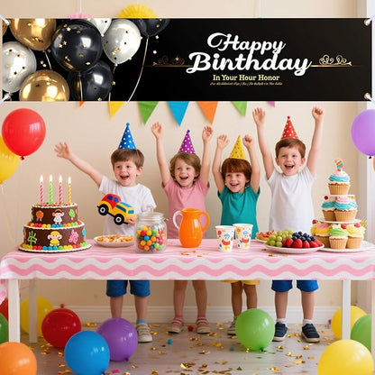 Nuxovilar Happy Birthday Banner Decorations 17.72x78.74 Inch Black Gold Balloon Theme - Polyester for Indoor Outdoor Birthday Party Decor