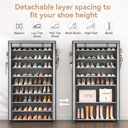 LANTEFUL Shoe Rack with Covers 10 Tier Tall Shoe Rack Organizer Large Capacity Shoe Shelf Storage 40 Pairs Space Saving Free Standing Shoe Storage Organizer for Closet, Entryway, Dorm, Grey