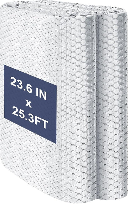 Double Reflective Bubble Foil Insulation Foam, 23.6 in x 25.3 ft Aluminum Foil Thermal Insulation Radiant Barrier for Windows, Garage Door, RV, Roof