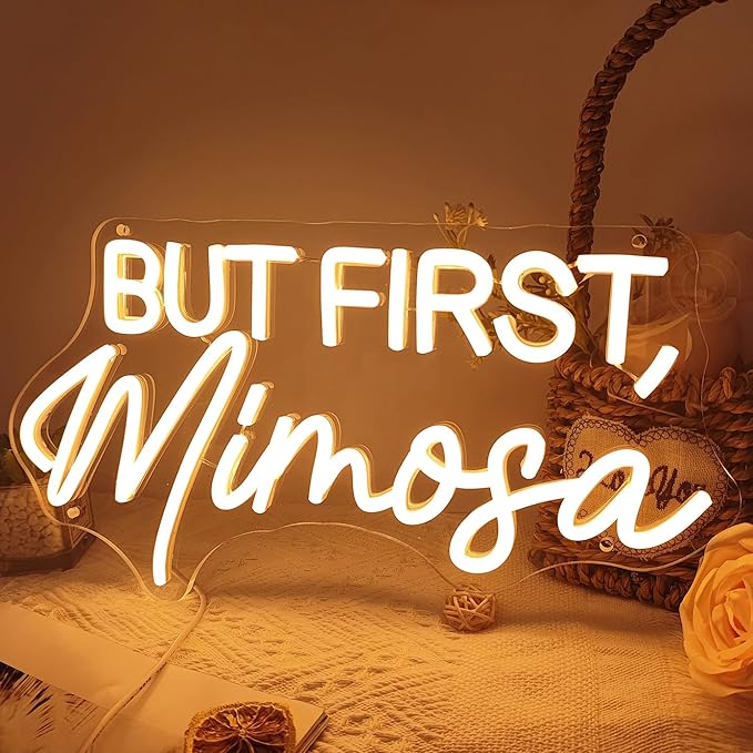 SYLHOME But First Mimosa Led Neon Light Sign Bar Shop Bedroom Wall Sign Decor Wedding Birthday Graduation Baby Bridal Shower Party Banner Backdrop USB 15.75"X8.5"
