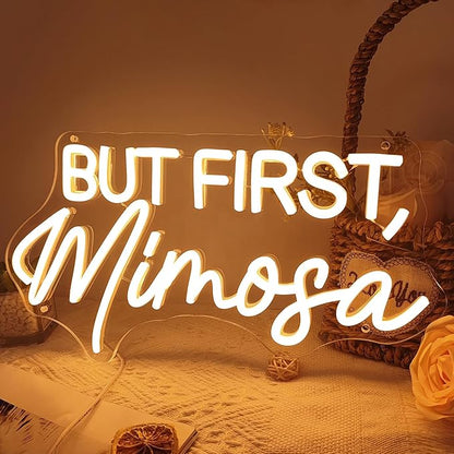 SYLHOME But First Mimosa Led Neon Light Sign Bar Shop Bedroom Wall Sign Decor Wedding Birthday Graduation Baby Bridal Shower Party Banner Backdrop USB 15.75"X8.5"