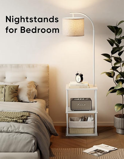 PARTPHONER Floor Lamp with Table, Night Stand with Lamp, Narrow Side Table with 3CCT LED Bulb, Small Coffee Table, Modern End Table with Storage Shelves for Living Room Bedroom Home Décor, White
