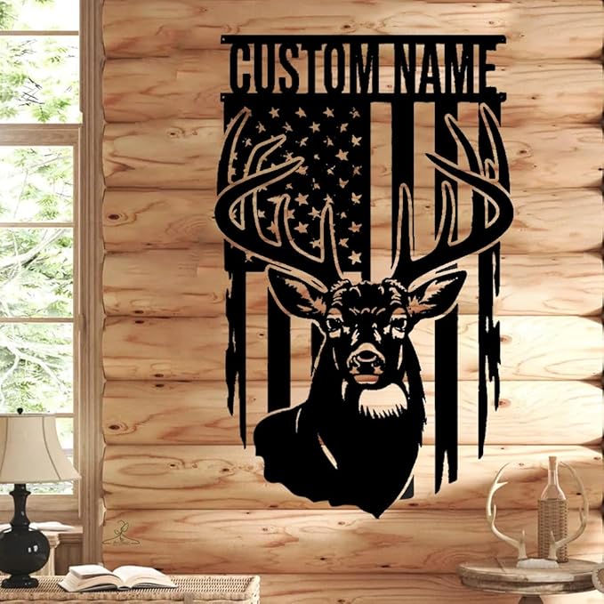 IZI POD Personalized Deer Metal Sign with American Flag, Custom Name Buck Antler Wall Art for Hunting Cabin, Lodge, Man Cave, Rustic Farmhouse Decor, Gift for Men, Hunters & Wildlife Lovers