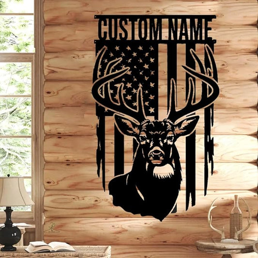 IZI POD Personalized Deer Metal Sign with American Flag, Custom Name Buck Antler Wall Art for Hunting Cabin, Lodge, Man Cave, Rustic Farmhouse Decor, Gift for Men, Hunters & Wildlife Lovers