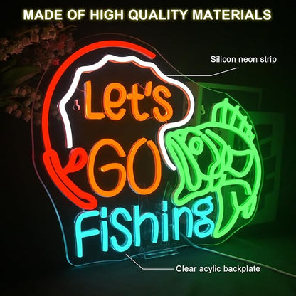 Lucunstar Let's Go Fishing Neon Sign Dimmable Fish Neon Light for Wall Decor LED USB Powered Fishing Hook Lights for Bedroom Living Room Man Cave Yacht Decor Men Gifts