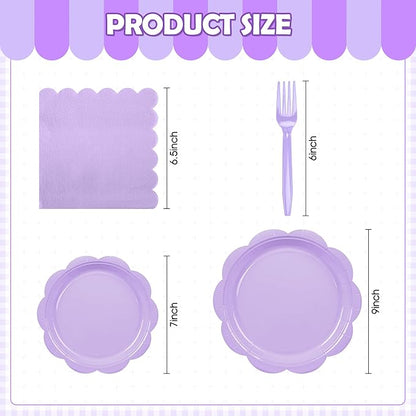 96 Pcs Purple Paper Plates and Napkins Set Party Supplies, Tableware set for 24 Guest include Disposable Purple Scalloped Plates, Napkins and Forks for Baby Shower Bridal Shower Wedding