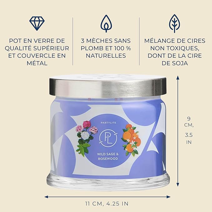 PartyLite Wild Sage & Rosewood Scented, Notes of Sage Leaf, Rosewood, Geranium Petals and Lemongrass, 13.2oz 3-Wick Jar Candle, 45 Hour Burn Time, Luxurious Fragrance, Ideal for Gifting