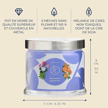 PartyLite Wild Sage & Rosewood Scented, Notes of Sage Leaf, Rosewood, Geranium Petals and Lemongrass, 13.2oz 3-Wick Jar Candle, 45 Hour Burn Time, Luxurious Fragrance, Ideal for Gifting