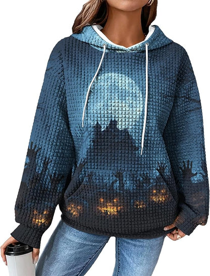 Halloween Sweatshirts for Women Novelty Graphic Drawstring Waffle Hoodies Loose Casual Pullover Tops with Pocket