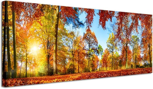 Pyradecor Large Autumn Sunset Forest Canvas Prints Wall Art Golden Nature Landscape Artwork Pictures Paintings for Living Room Bedroom Home Decorations
