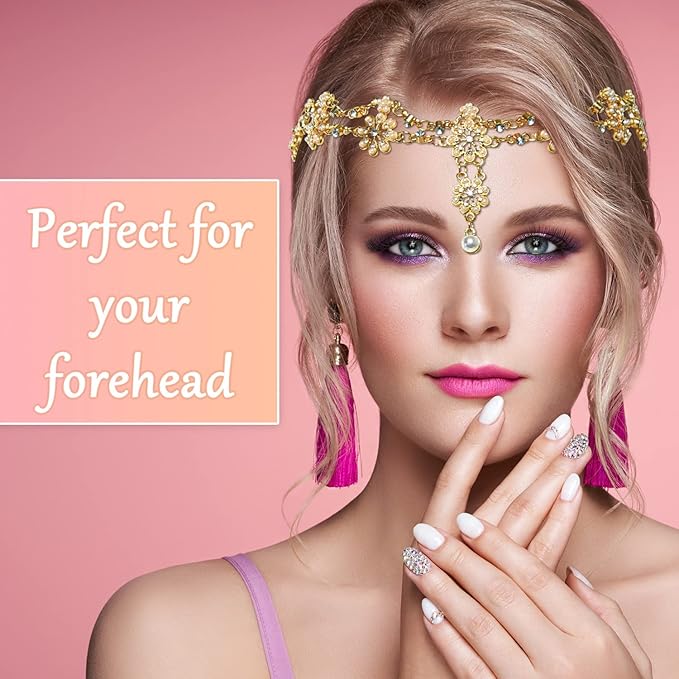 Head Chain Jewelry Headband Crystal Bohemian Hair Accessories with Peal Women Head Chains Forehead Chain Rhinestone Headpieces with Drop Pendant