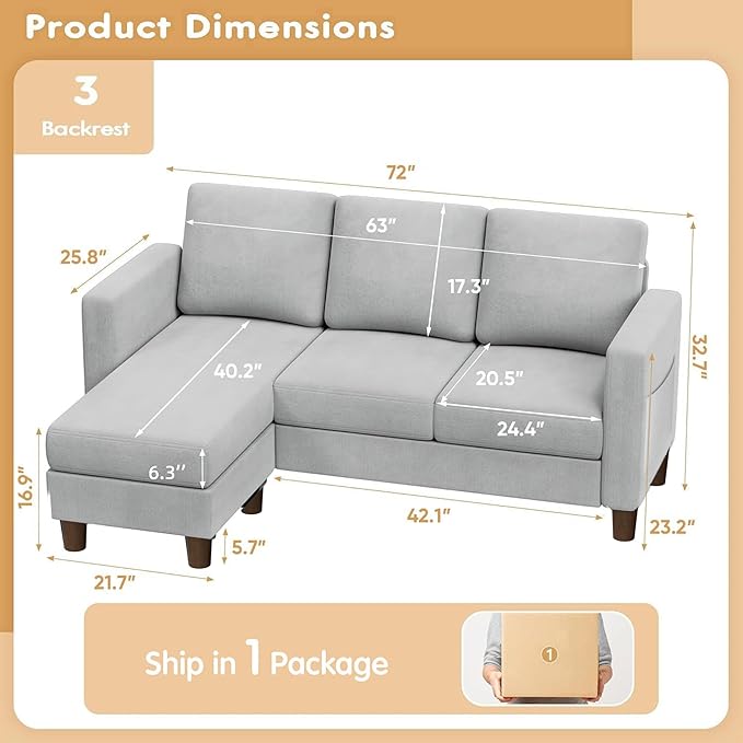 VICTONE Convertible Sectional Sofa Couch, 3 Seat L-Shaped Sofa with Linen Fabric Ottoman Small Couch for Small Apartments, Living Room and Office (Linen Fabric, Light Gray)