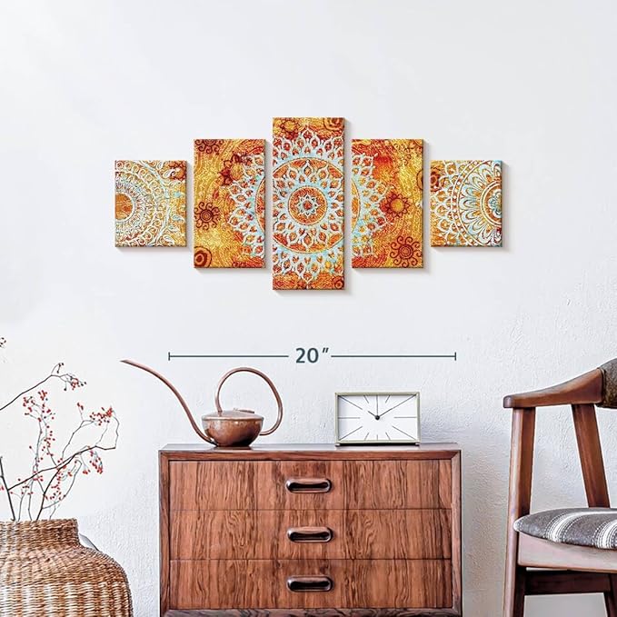 ElephantStock - Sun Like Mandala Symbols Wall Art - Horizontal Multi Panel Canvas - 5 Piece Living Room Wall Decor - Digital Art Elements Multi Piece Wall Art - Orange And Blue Decor - 29" x 12"