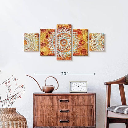 ElephantStock - Sun Like Mandala Symbols Wall Art - Horizontal Multi Panel Canvas - 5 Piece Living Room Wall Decor - Digital Art Elements Multi Piece Wall Art - Orange And Blue Decor - 29" x 12"