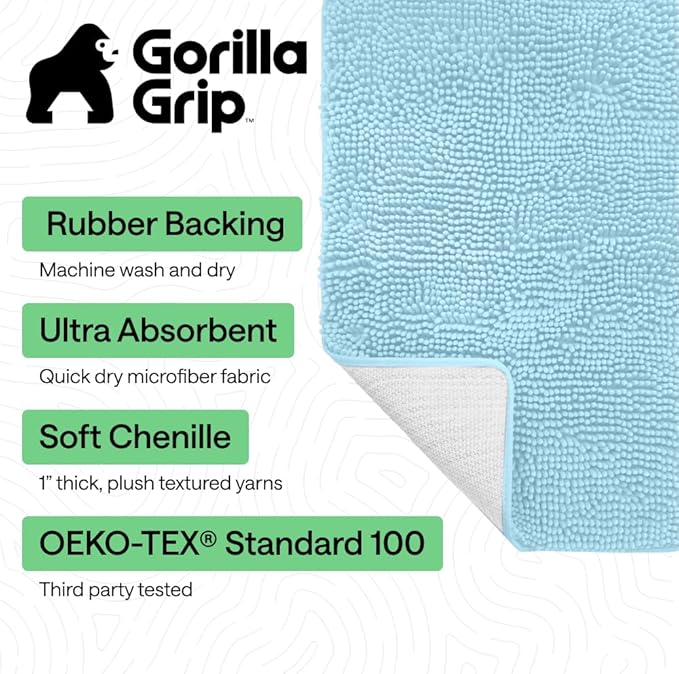 GORILLA GRIP Bath Rug Mat 60x24, Thick Soft Absorbent Chenille, Quick Dry Microfiber Mats, Rubber Backing Machine Washable Shower Floor Rugs, Bathmat Runner, Bathroom Home Decor Accessories, Sky