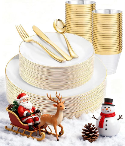 WDF 150Pcs White and Gold Plastic Plates - Gold Plates Disposable - 25guest Disposable Dinnerware Include 25 Dinner Plate, 25 Dessert Plate, 25 Cutlery & 25 9oz Cups for Wedding & Thanksgiving Party