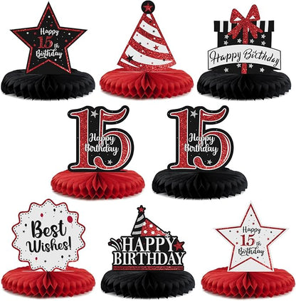 Happy 15th Birthday Decorations,15th Birthday Red Glitter Shiny Stand Honeycomb Table Centerpieces - Cheers to Fifteen Years Old Birthday Party Photoprop Gift Sign.