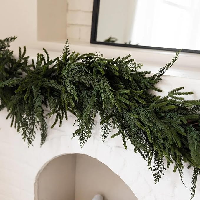 Jutom 1 PCS 6 ft Realistic Christmas Garland - Artificial Mix Norfolk Cypress Pine Needles Faux Green Garland Decorations for Table Mantel Winter Holiday, Indoor & Outdoor Decor
